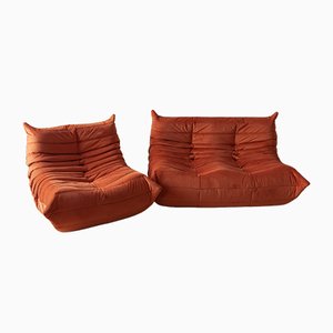 Orange Velvet Togo Sofa & Lounge Chair by Michel Ducaroy for Ligne Roset, 1970s, Set of 2