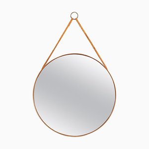 Miroir Rond en Teck et Cuir de Glasmäster à Markaryd, Suède, 1950s