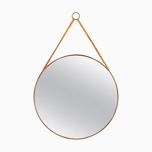 Round Mirror in Teak and Leather from Glasmäster in Markaryd, Sweden, 1950s