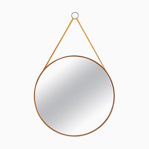 Miroir Rond en Teck et Cuir de Glasmäster à Markaryd, Suède, 1950s