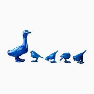 Mid-Century Duck & Sparrows in Blue Ceramic by Georges Cassin, Set of 5