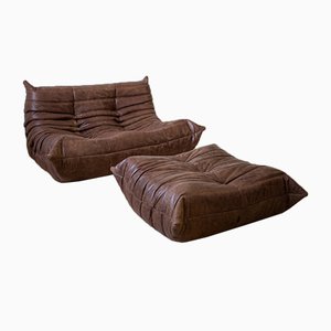 Dark Brown Leather Togo Pouf and 2-Seat Sofa by Michel Ducaroy for Ligne Roset, Set of 2