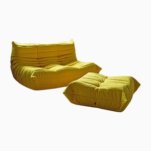 Set of Yellow Microfiber Togo Pouf and 2-Seat Sofa by Michel Ducaroy for Ligne Roset
