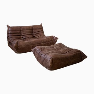 Brown Leather Togo Sofa and Pouf Set by Michel Ducaroy for Ligne Roset, 1970s, Set of 2