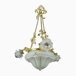 Antique Gilt Bronze and Frosted Glass Chandelier, 1920s