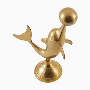 Italian Art Deco Gilded Brass Dolphin Statue, 1930s