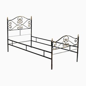 Vintage Italian Black and Gold Painted Wrought Iron Single Bed, 1950s