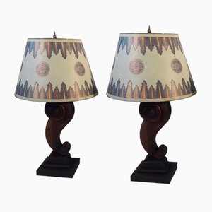 Antike Tischlampen aus Holz und handbemaltem Messing, 2er Set