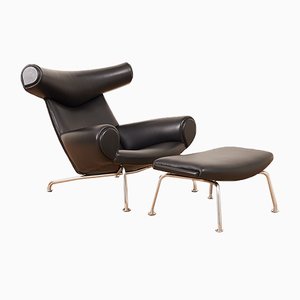 Mid-Century Tubular Steel and Black Leather Model AP-46 Ox Lounge Chair and Ottoman Set by Hans J. Wegner for AP Stoelen, 1960s, Set of 2