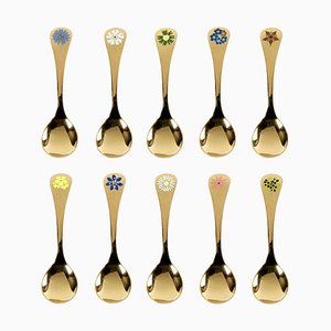 Cucharas decorativas de plata esterlina dorada con esmalte de Annelise Björner para Georg Jensen, Dinamarca, años 80. Juego de 10