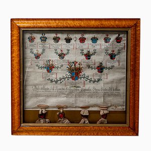 Historia heráldica alemana antigua con marco de vidrio, década de 1800