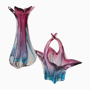 Murano Vase and Bowl with Handle, 1950s, Set of 2