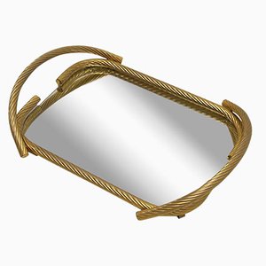 French Golden Calbe Tray with Mirror from Brass Milano, 1960s
