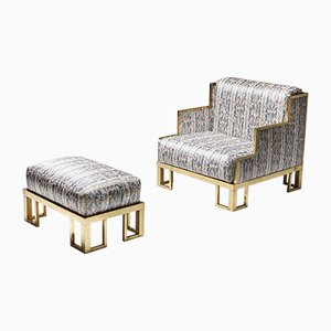 Vintage Brass Lounge Chair and Ottoman Set in the Style of Gabriella Crespi, 1970s, Set of 2