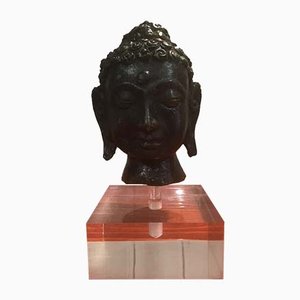 Testa di Buddha antica in bronzo con base in vetro acrilico, inizio XX secolo