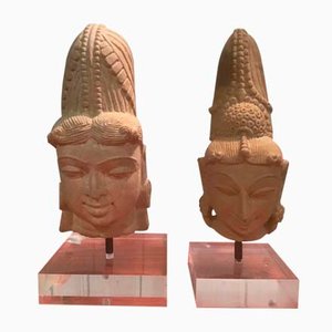 Antique Central American Aztec Stone Heads with Acrylic Glass Base, Set of 2