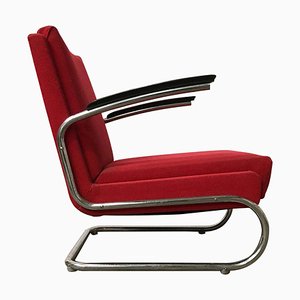 Dutch Burgundy Red Tubular Easy Chair with Black Armrests, 1960s