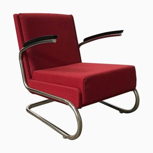 Dutch Burgundy Red Tubular Easy Chair with Black Armrests, 1960s