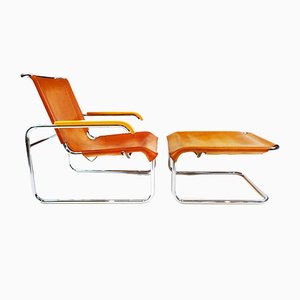 Vintage Leather & Chrome Model B35 Armchair and Footstool by Marcel Breuer for Thonet, 1980s, Set of 2