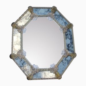 Espejo octogonal de cristal de Murano con flores y trenzas doradas, años 50