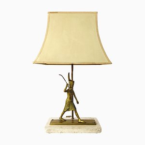 Lámpara de mesa neoclásica vintage con pie de mármol y guerrero egipcio