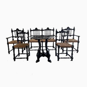 Mid-century Portuguese Black Painted Wood and Straw Living Room Set, 1960s, Set of 6