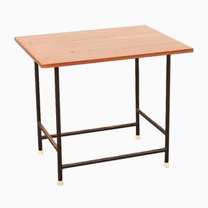 Table d'Appoint Mid-Century Noire en Acier Tubulaire et Plateau en Teck Massif