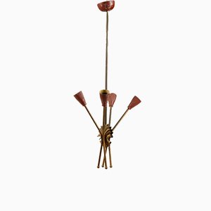 Brass Ceiling Lamp with Red Metal Caps, Italy, 1960s