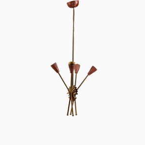 Lampada da soffitto in ottone e metallo rosso, Italia, anni '60