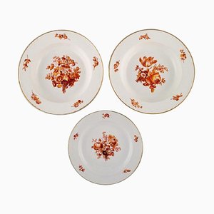 Antique Meissen Porcelain Plates with Orange Hand-Painted Flowers, Set of 3