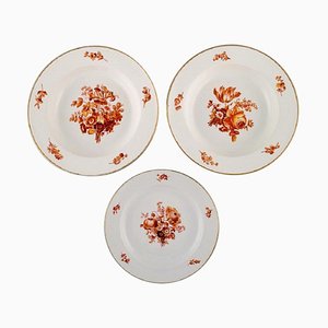 Assiettes Antique en Porcelaine de Meissen avec Fleurs Orange Peintes à la Main, Set de 3