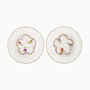 Platos Meissen antiguos de porcelana perforada con motivos florales pintados a mano. Juego de 2