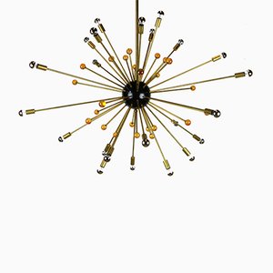 Italienischer minimalistischer Sputnik Kronleuchter in Schwarz, Gold & Murano Glas im Stil von Stilnovo, 1950er