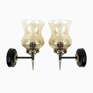 French Brass and Crackle Glass Sconces, 1950s, Set of 2