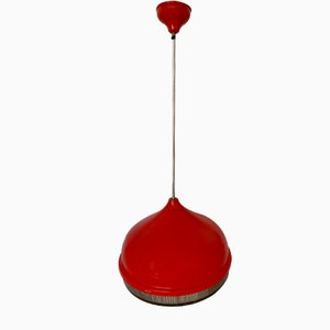 Red Metal and Granulated Glass Ceiling Lamp, 1970s