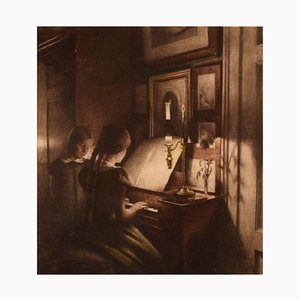 Interior with Two Girls at the Piano Etching by Peter Ilsted