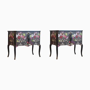 Commode à Tiroirs Florale Style Louis Gustavien Vintage, Set de 2