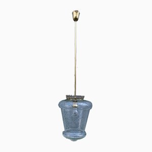 Italienische Deckenlampe aus Messing & Gravierter Kristallglaslaterne, 1950er