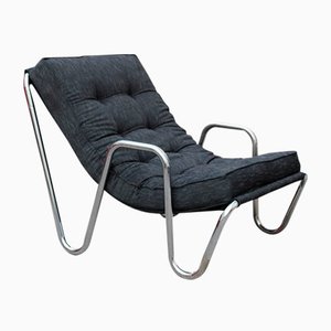 Fauteuil Minimaliste en Métal Plaqué Chrome et Tissu Noir, 1970s