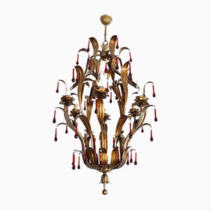 Vintage Italian Florentine Chandelier with Red Murano Glass Drops from Banci, 1950s