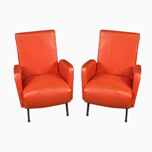 Set of Italian Armchairs in Red Faux Leather, 1970s