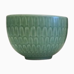 Fully Restored Small Green Faience Marselis Bowl by Nils Thorsson for Aluminia/Royal Copenhagen, 1950s