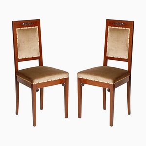 Art Nouveau Walnut and Taupe Velvet Dining Chairs from Wiener Werkstatte, Set of 2