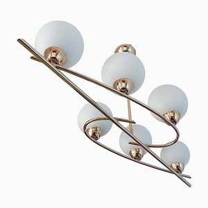 Large Mid-Century Architectonic Glass and Brass Chandelier from Lunel, 1960s