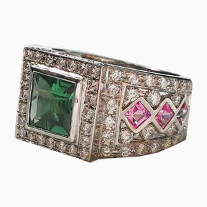 Ring aus 18 Karat Weißgold mit 1,3 Karat grünem Princess-Cut Turmalin mit rosafarbenen Saphiren & Diamanten