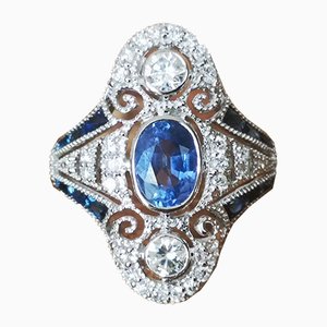 Gold Ring of 18 Karats in Art Deco Style Adorned with Sapphires and Diamonds