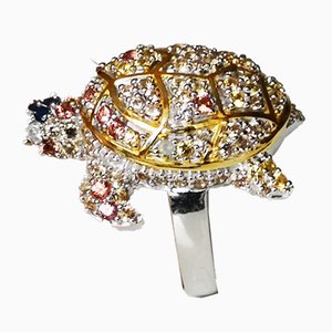 Turtle Ring in 925/1000 Silver Paved with Diamonds and Multi Colored Sapphires