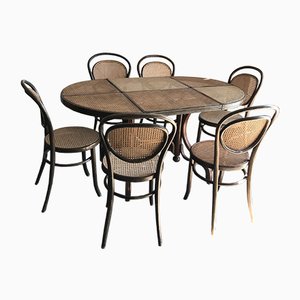 Chaises de Salon Ovales & Table en Bois de Canne, Allemagne, 1960s, Set de 7