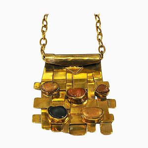 Square Nature Stone and Brass Necklace by Anna Greta Eker, Norway, 1960s
