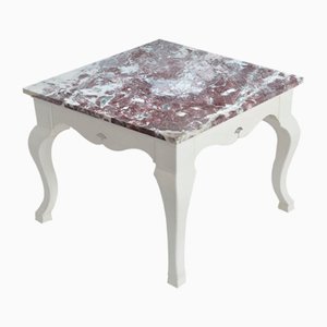 Red Marble Square Side Table Top White Lacquered Wooden Base Handmade from Cupioli